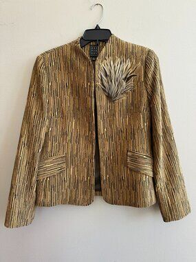 Dúé Per Dúé Gold Black Metallic Textured Feather Brooch Blazer Jacket Sz 14